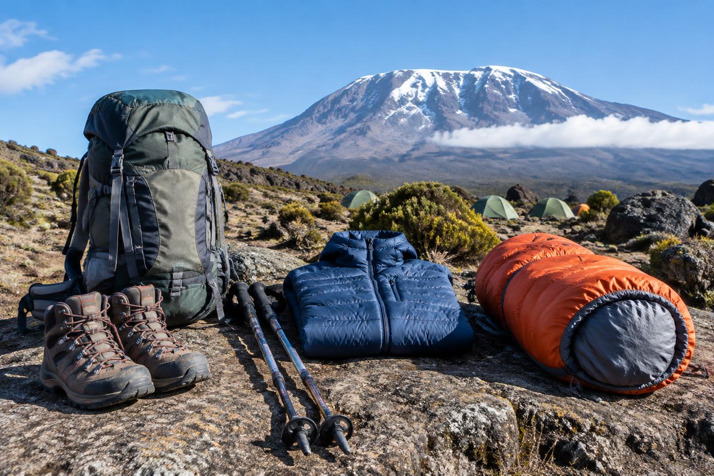Illustration of trekking equipment at a Kilimanjaro camp