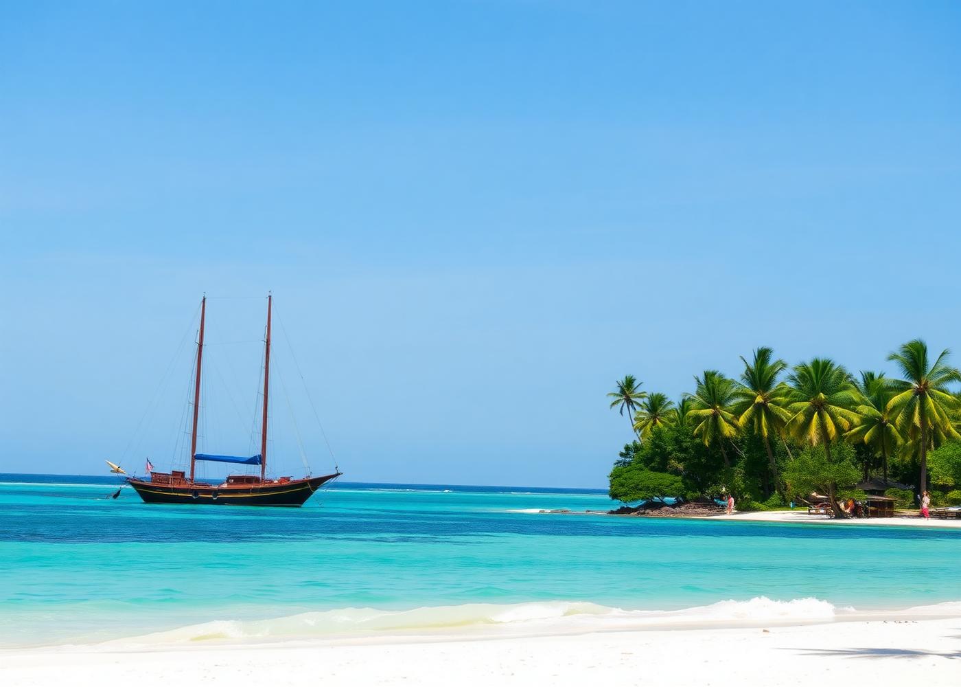 Dhow sailing off a white sand Zanzibar beach